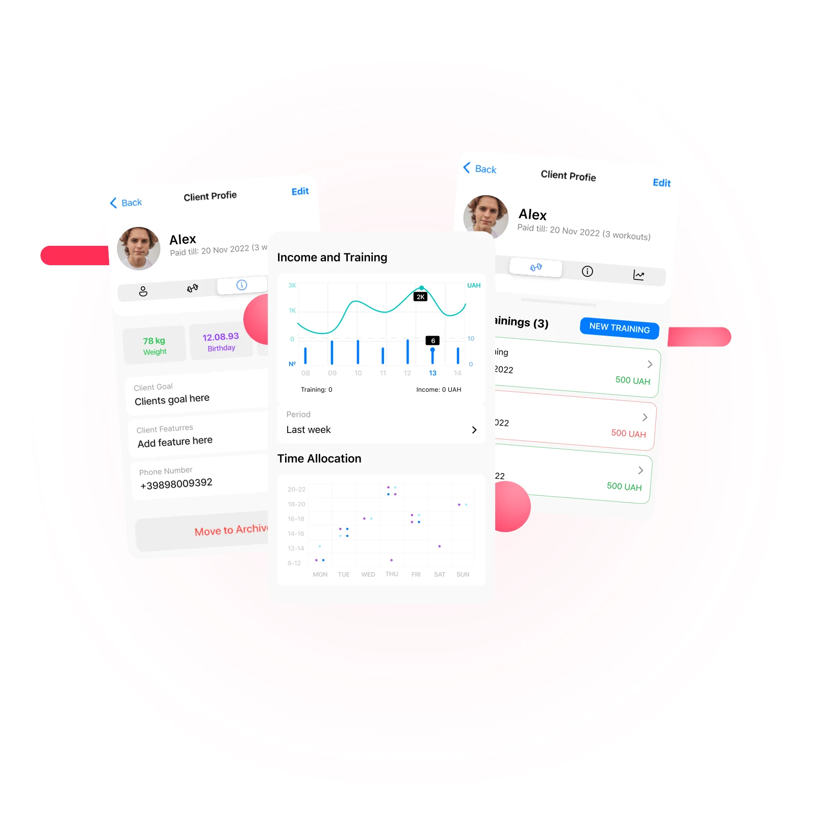 Client profile and statistics screen in Trainers Board
