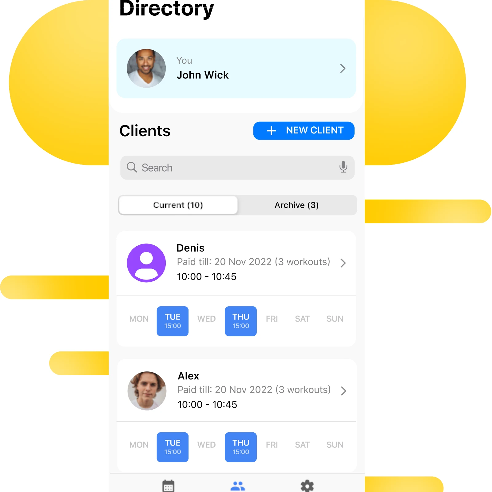 Client directory screen in Trainers Board
